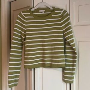 Green and white horizontal striped ribbed long-sleeve crewneck top featuring
